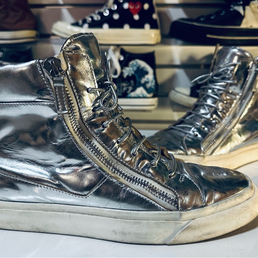 Giussepi Zanotti Metallic Silver Mirror High-Top Sneakers with Side Zipper
